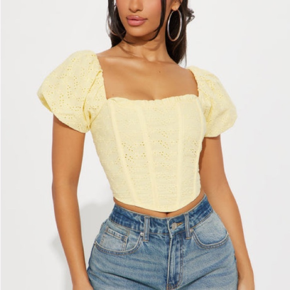 Iris Light Yellow Eyelet Corset Crop Top